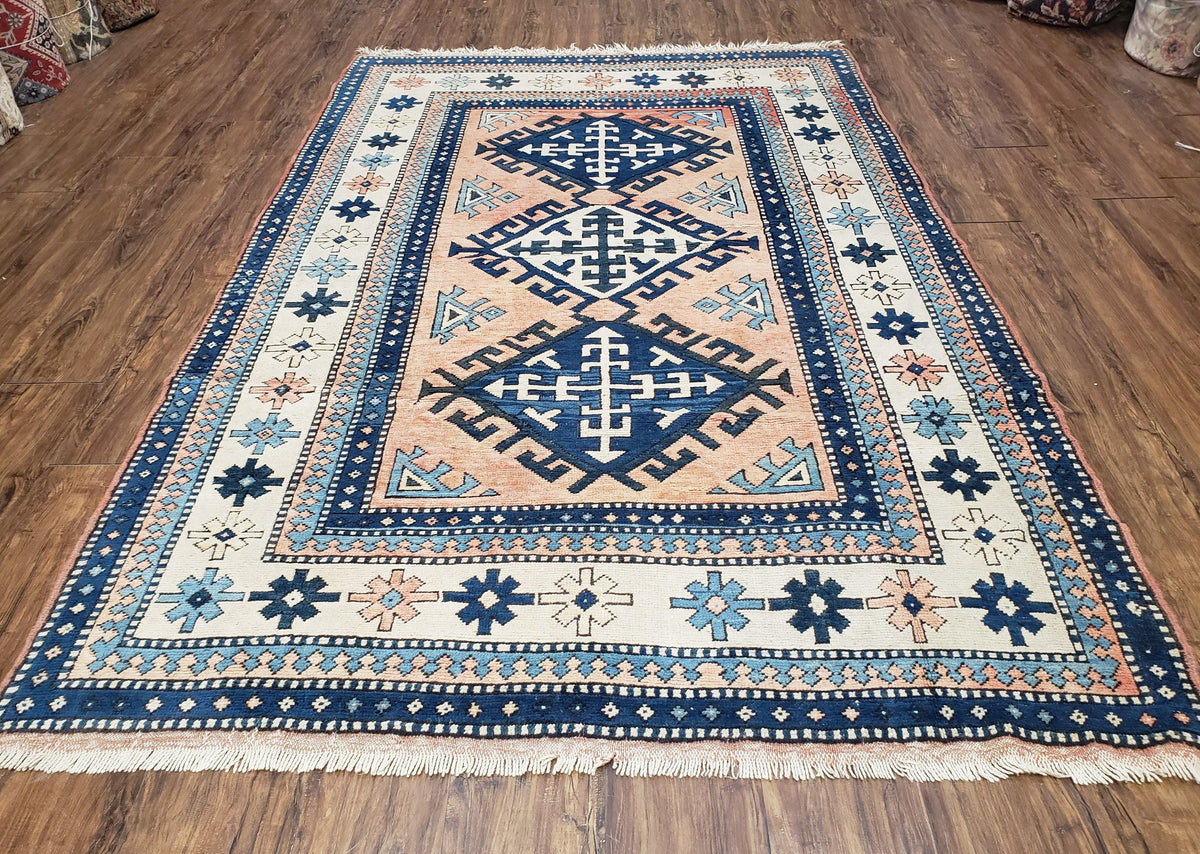 Turkish Kazak Rug 5x8 ft, Bold Geometric Bohemian Carpet, Blue and Ivory Hand Knotted Area Rug, Medium Sized High Quality Wool Oriental Rug - Jewel Rugs, view 2