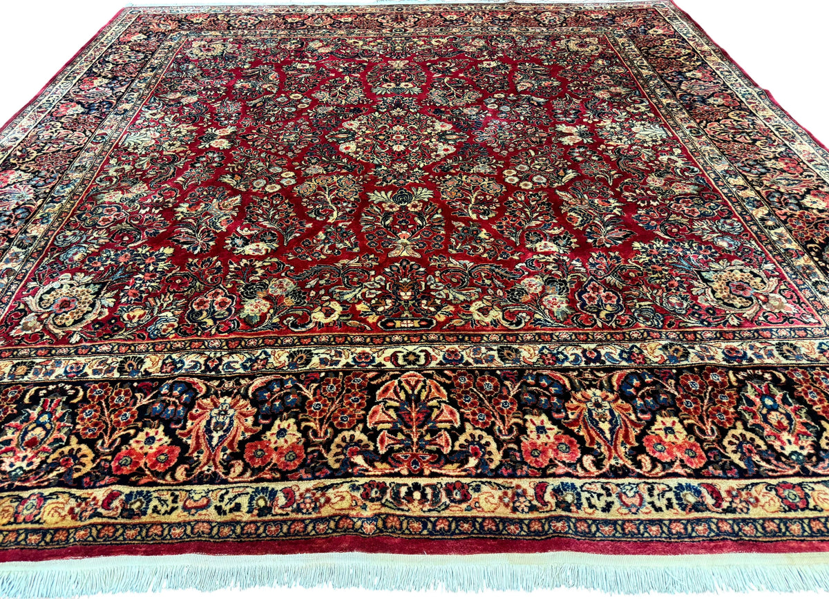 Persian Sarouk Rug 10x10, Square Persian Carpet, Red, Floral, Antique - Jewel Rugs