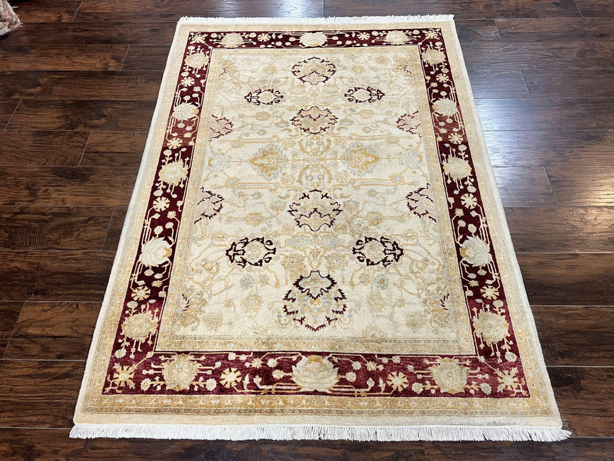 Peshawar Rug 5x7, Beige and Maroon, Vintage Handmade Wool Traditional Carpet 5 x 7 ft, Pakistani Rug, Agra Pattern, Very Fine 260 KPSI - Jewel Rugs, view 13