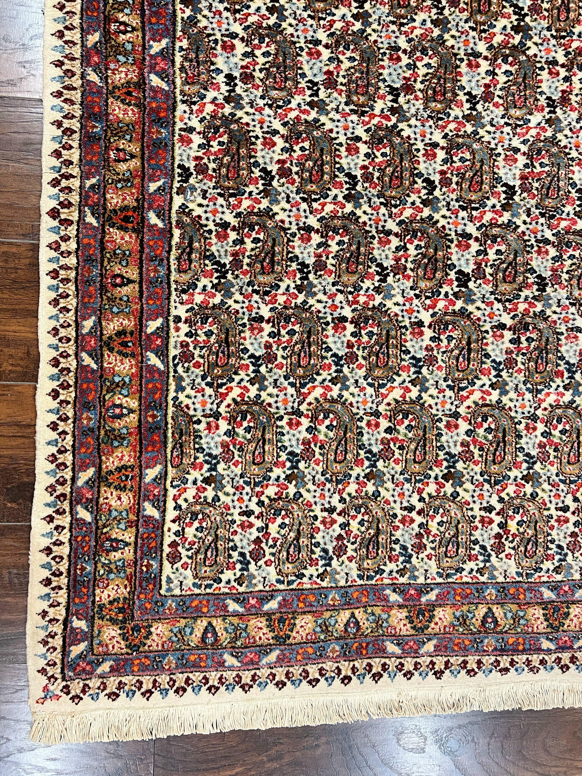 Persian Rug 4x6, Mashad Kashmar Rug, Boteh Paisley Design, Allover Repeated Pattern, Ivory Hand Knotted Vintage Semi Antique Persian Oriental Carpet - Jewel Rugs, view 8