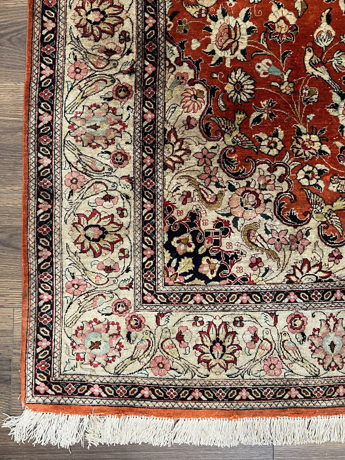 Persian Qum Silk Rug 5x7 - Floral Medallion, Birds, Orange-Red - Jewel Rugs, view 8