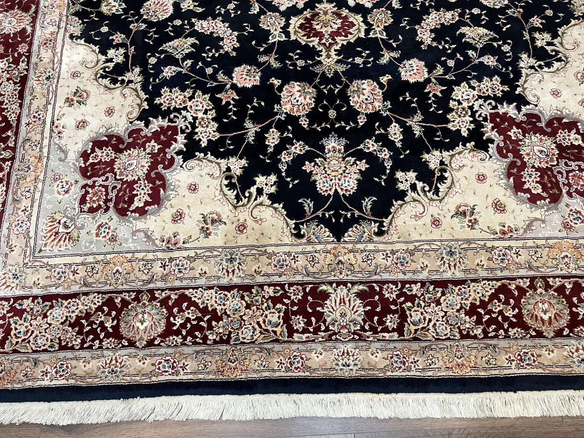 Pak Persian Rug 8.8 x 10.6, Floral Medallion, Wool and Silk Hand Knotted Fine Oriental Carpet, Elegant Rug, Black Gray Burgundy, Room Sized - Jewel Rugs, view 5