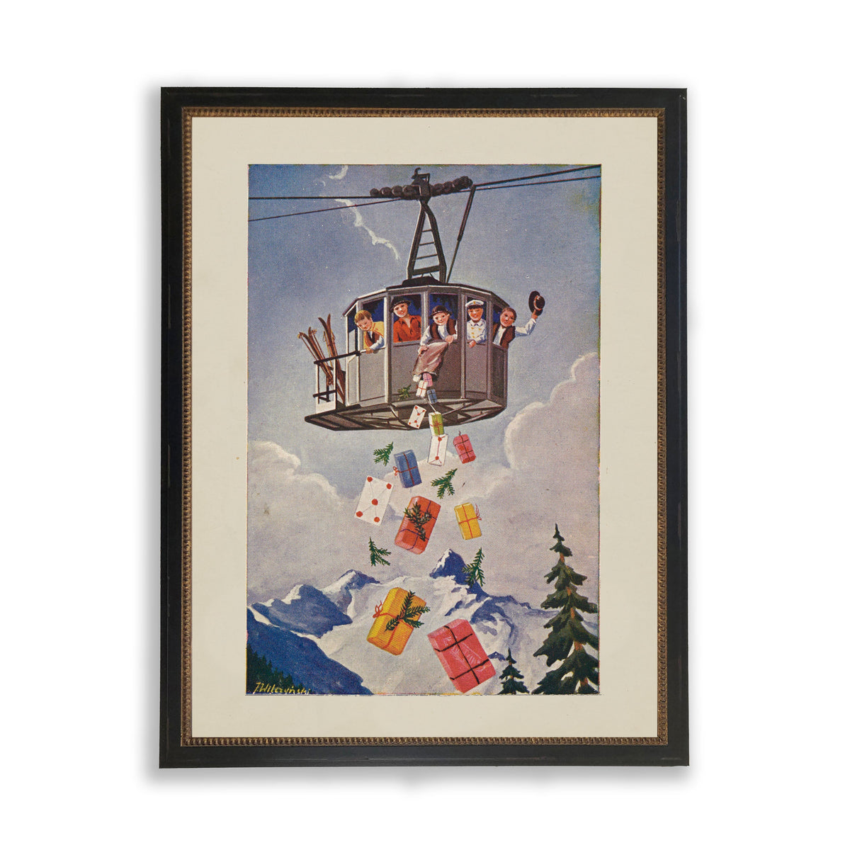 Ski Lift Gift Drop Print in Beaded Gold and Black Frame - Antique Curiosities