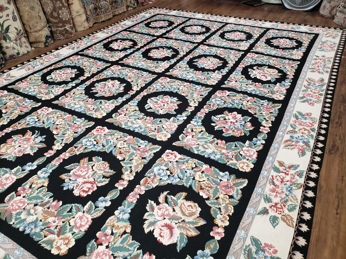 Floral Needlepoint Rug 9.5 x 13.6, Floral Panel Design, Black and Ivory Flatweave Aubusson Carpet, Multicolor - Jewel Rugs, view 3