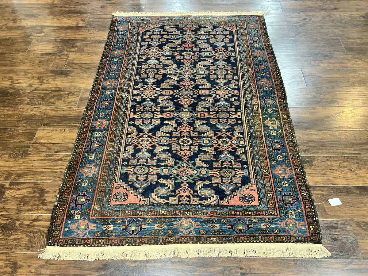 Antique Persian Tribal Rug 5x7, Navy Blue & Pink, Hand Knotted Handmade 1920s Wool Rug, Allover Pattern, Persian Hamadan Rug - Jewel Rugs, view 13