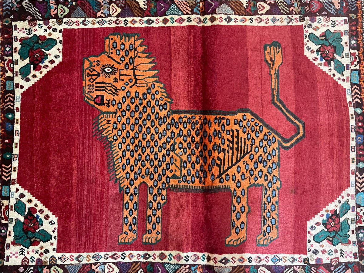 Antique Persian Gabbeh Wool Rug 4x5, Lion Pictorial Rug, Red Orange Black, Hand Knotted Handmade Vintage Gabbeh Carpet 4 x 5 ft, Tribal Rug - Jewel Rugs, view 3