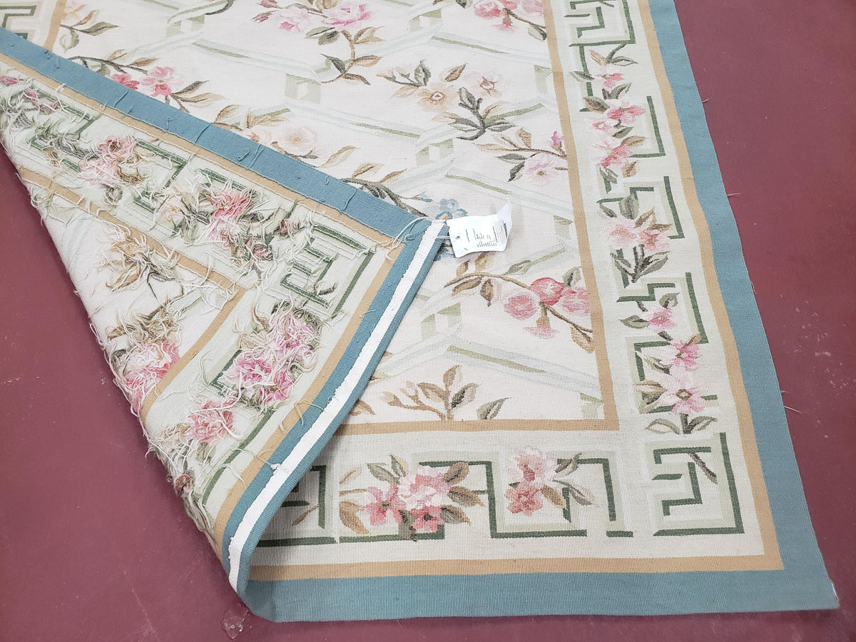 Vintage Aubusson Area Rug, Aubusson Flat weave Carpet, Floral Geometric Pattern, Beige Teal Green, 4x6 Rug, European Design - Jewel Rugs, view 10