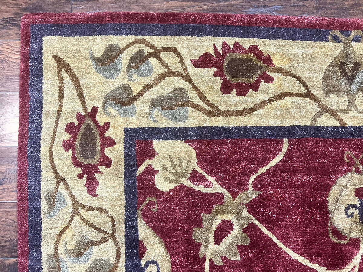Tibetan Aubusson Rug 8x10, Maroon and Beige, Floral, Handmade, Wool, Vintage, Traditional Rug - Jewel Rugs, view 7