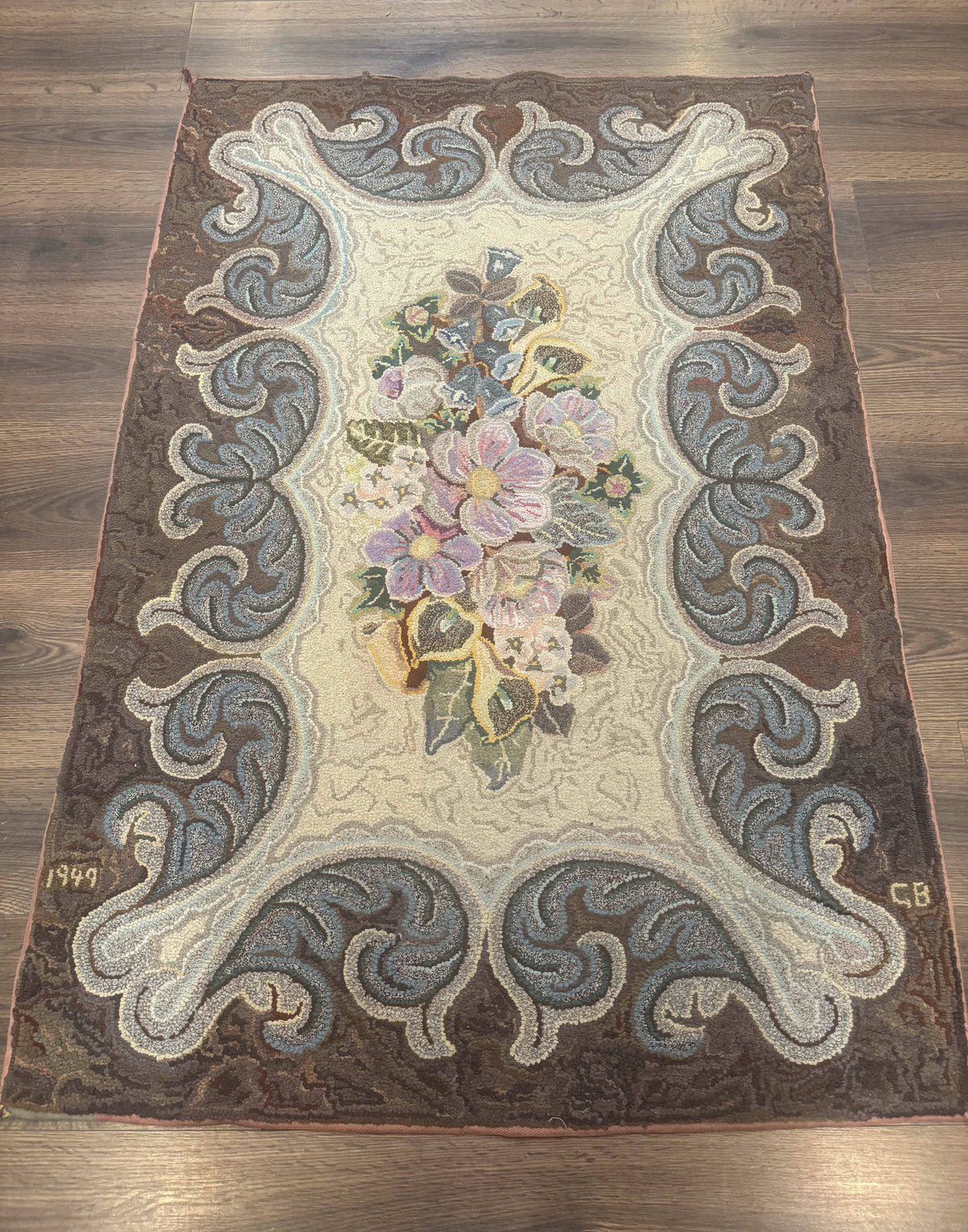 Antique American Hooked Rug 3 x 4.6, Vintage, Floral - Jewel Rugs, view 2