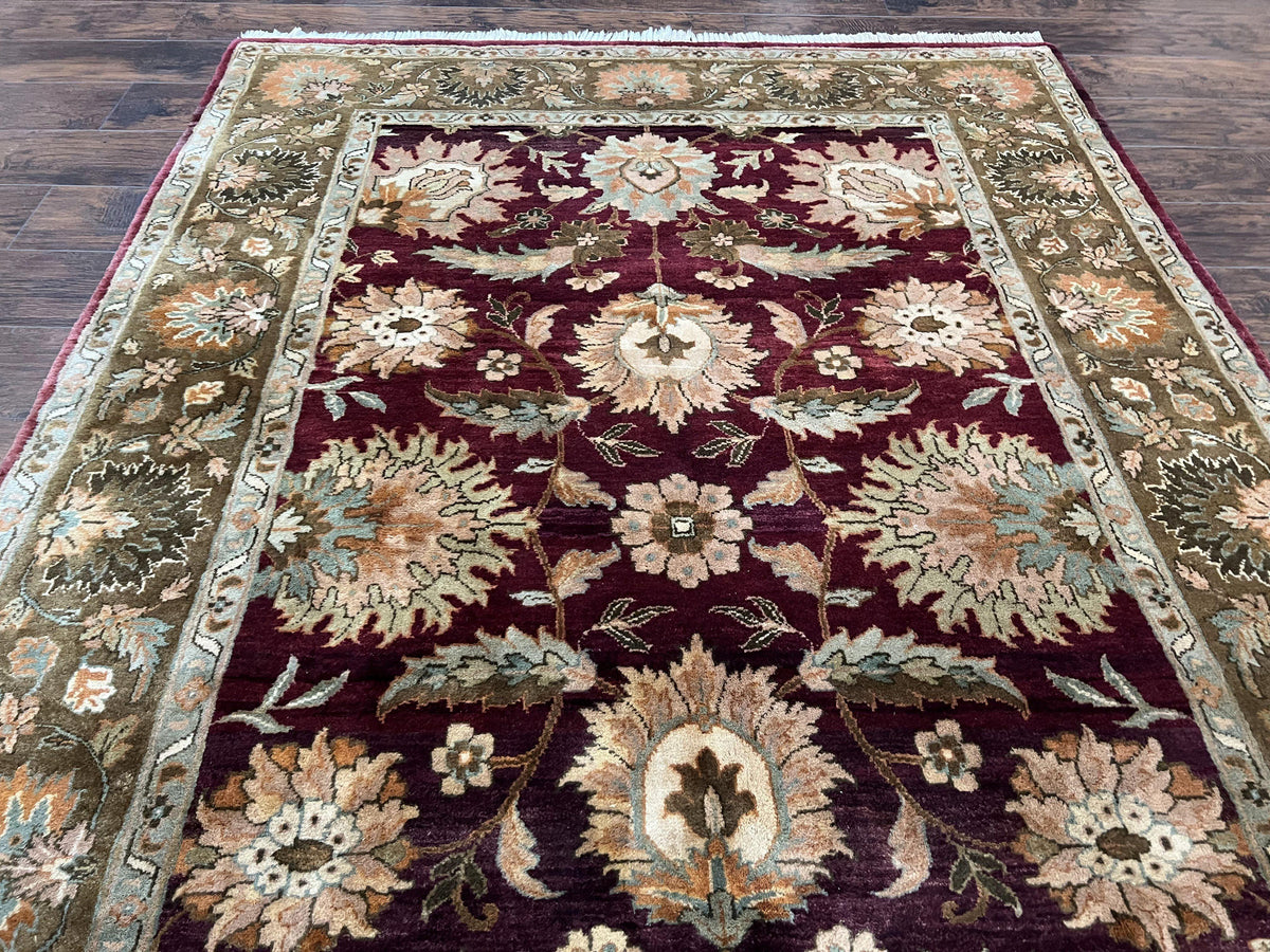 Indo Mahal Rug 6x9, Large Flowers Allover, Maroon and Green, Handmade Wool Area Rug, Vintage Rug, Indian Oriental Carpet, Hand Knotted Rug - Jewel Rugs, view 13