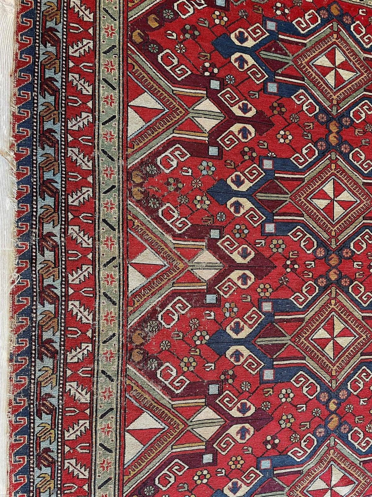 Antique Persian Soumak Rug 6x8 | Red, Navy & Ivory | Hand-Woven Wool Flatweave - Rugistan, view 10