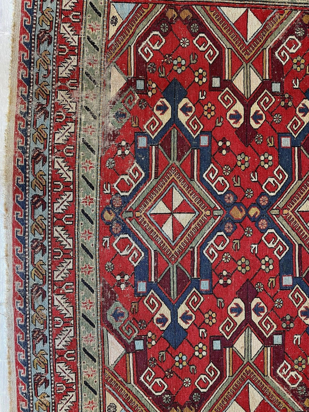 Antique Persian Soumak Rug 6x8 | Red, Navy & Ivory | Hand-Woven Wool Flatweave - Rugistan, view 12