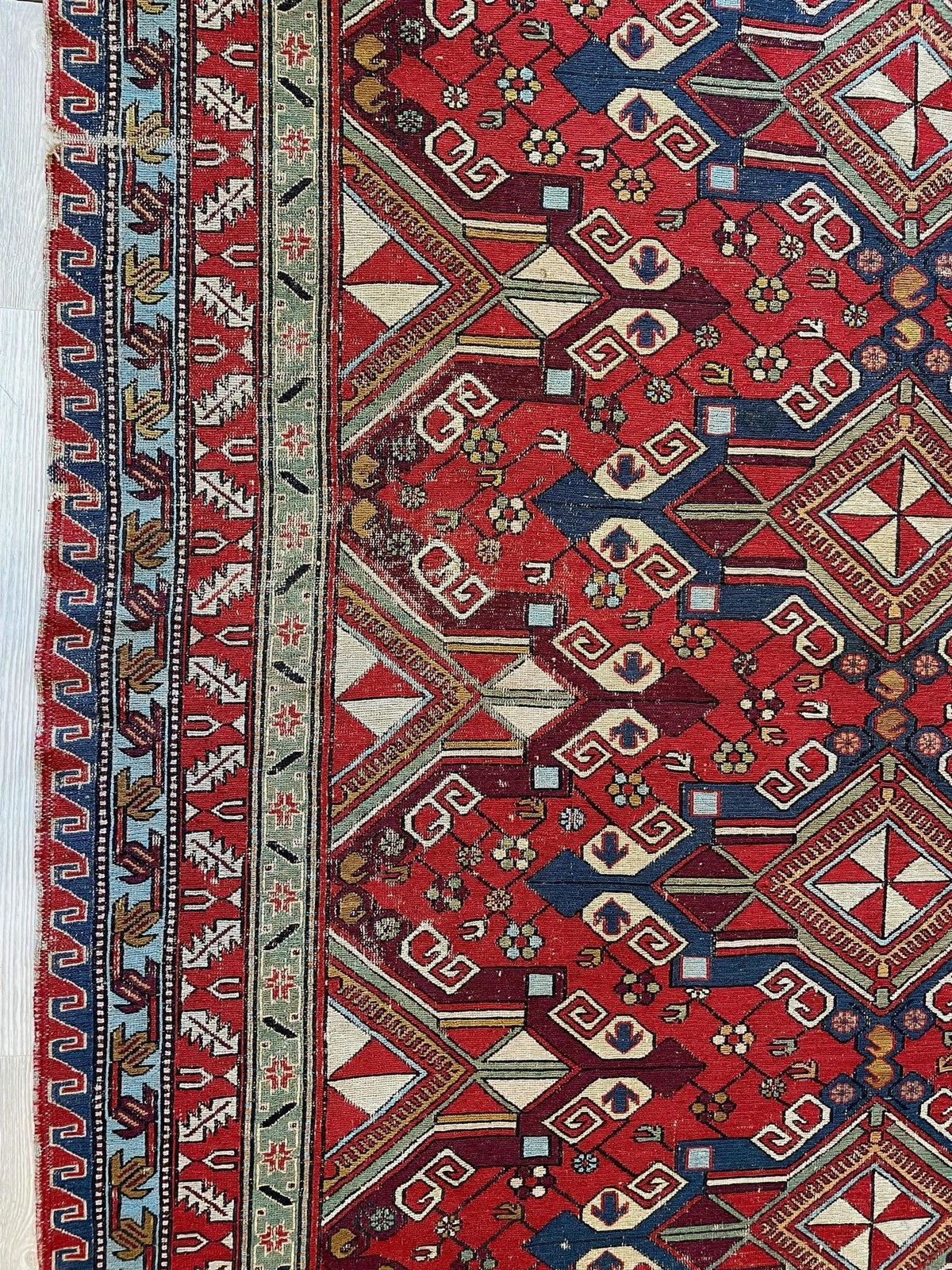 Antique Persian Soumak Rug 6x8 | Red, Navy & Ivory | Hand-Woven Wool Flatweave - Rugistan, view 14