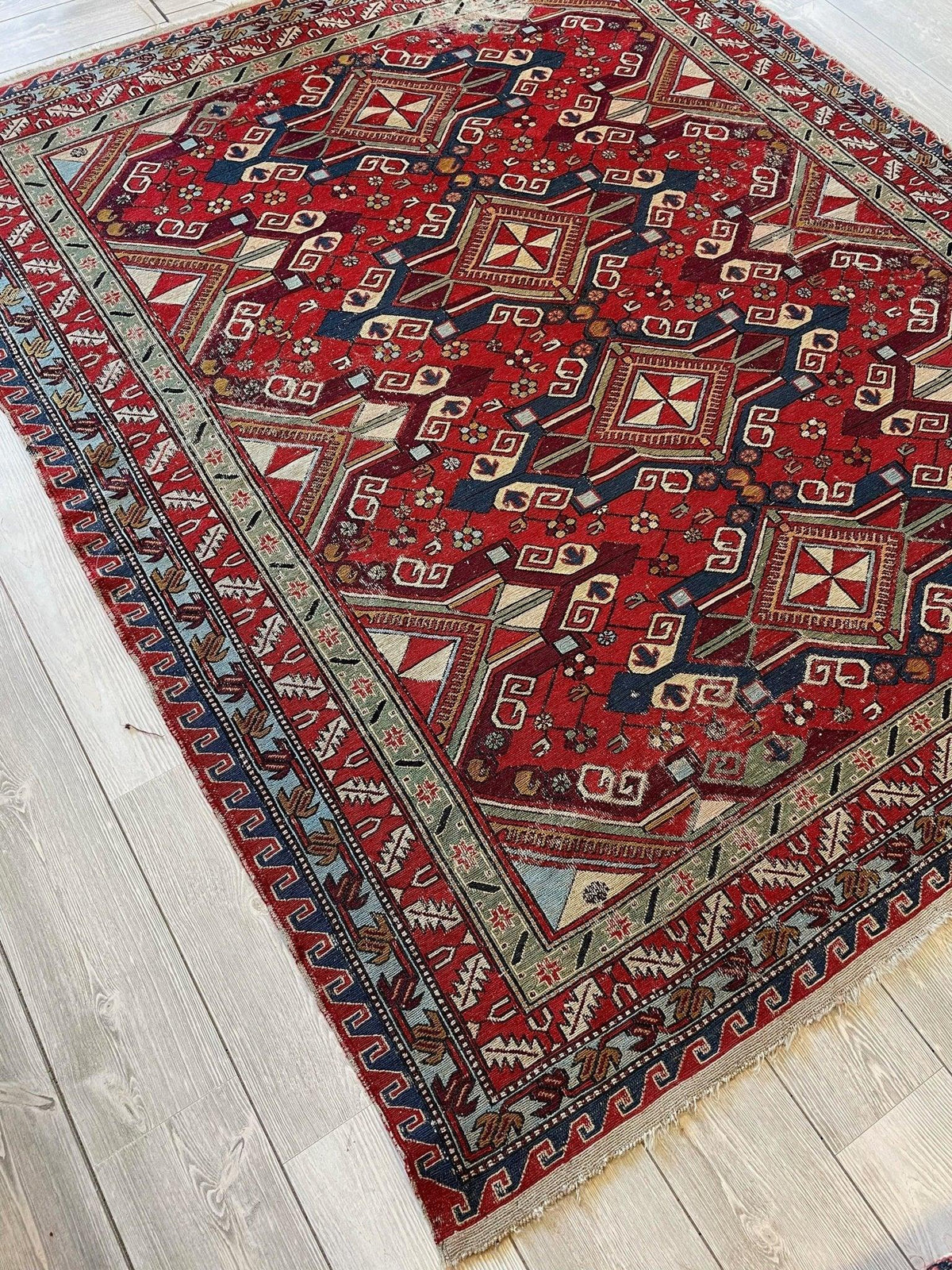Antique Persian Soumak Rug 6x8 | Red, Navy & Ivory | Hand-Woven Wool Flatweave - Rugistan, view 5