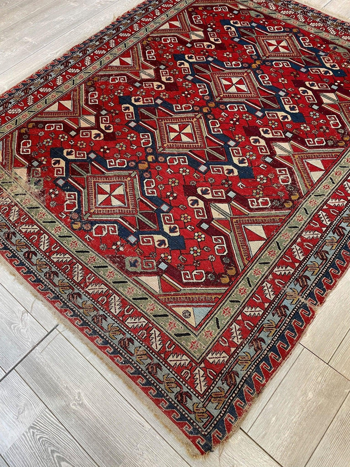 Antique Persian Soumak Rug 6x8 | Red, Navy & Ivory | Hand-Woven Wool Flatweave - Rugistan, view 6