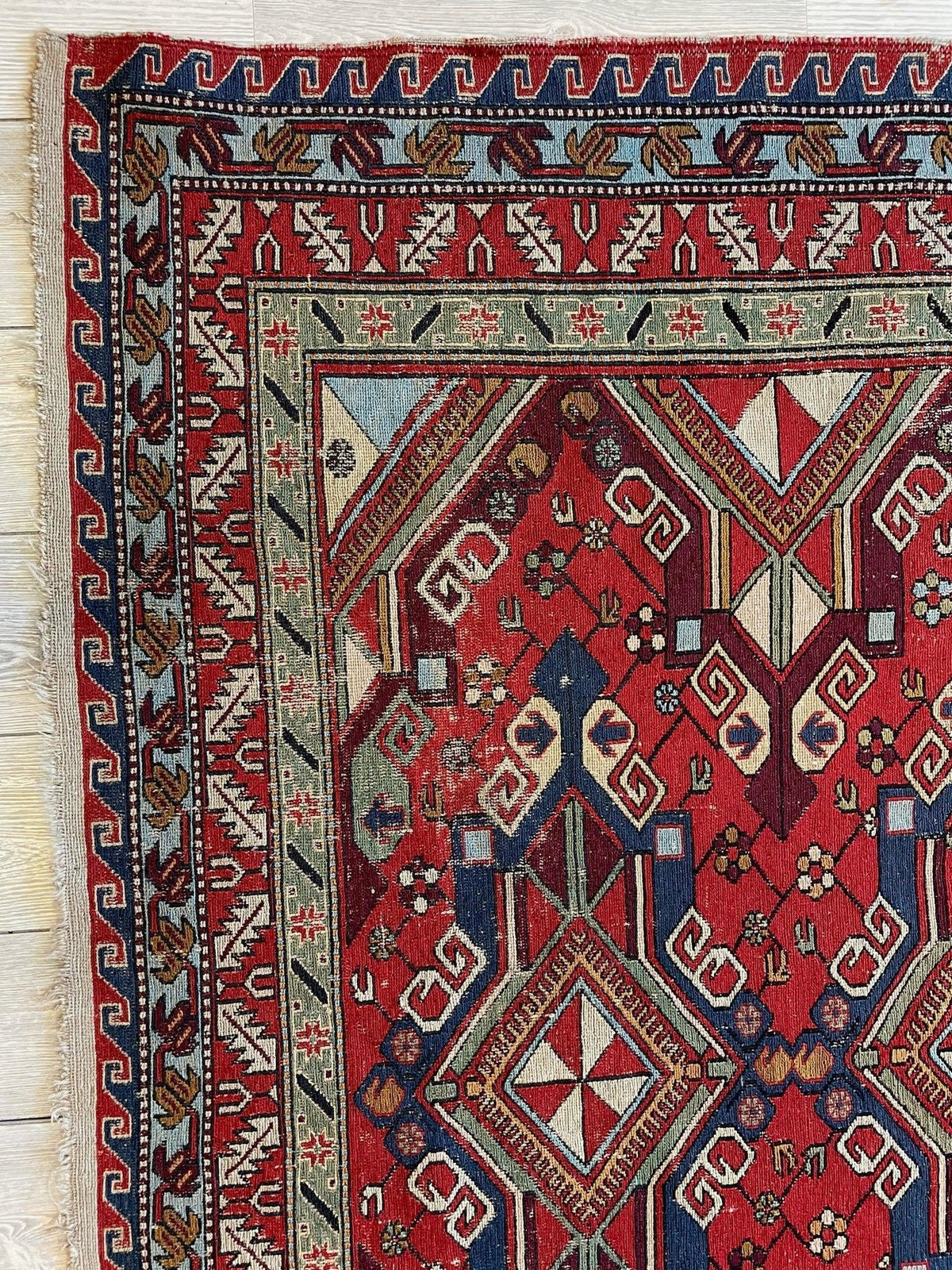 Antique Persian Soumak Rug 6x8 | Red, Navy & Ivory | Hand-Woven Wool Flatweave - Rugistan, view 8