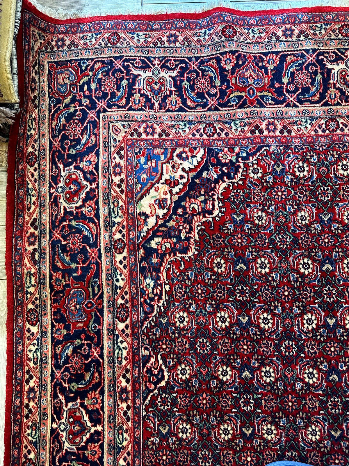 Vintage Persian Moud Rug 9x14 | Red, Navy & Ivory | Hand-Knotted Wool - Rugistan, view 5