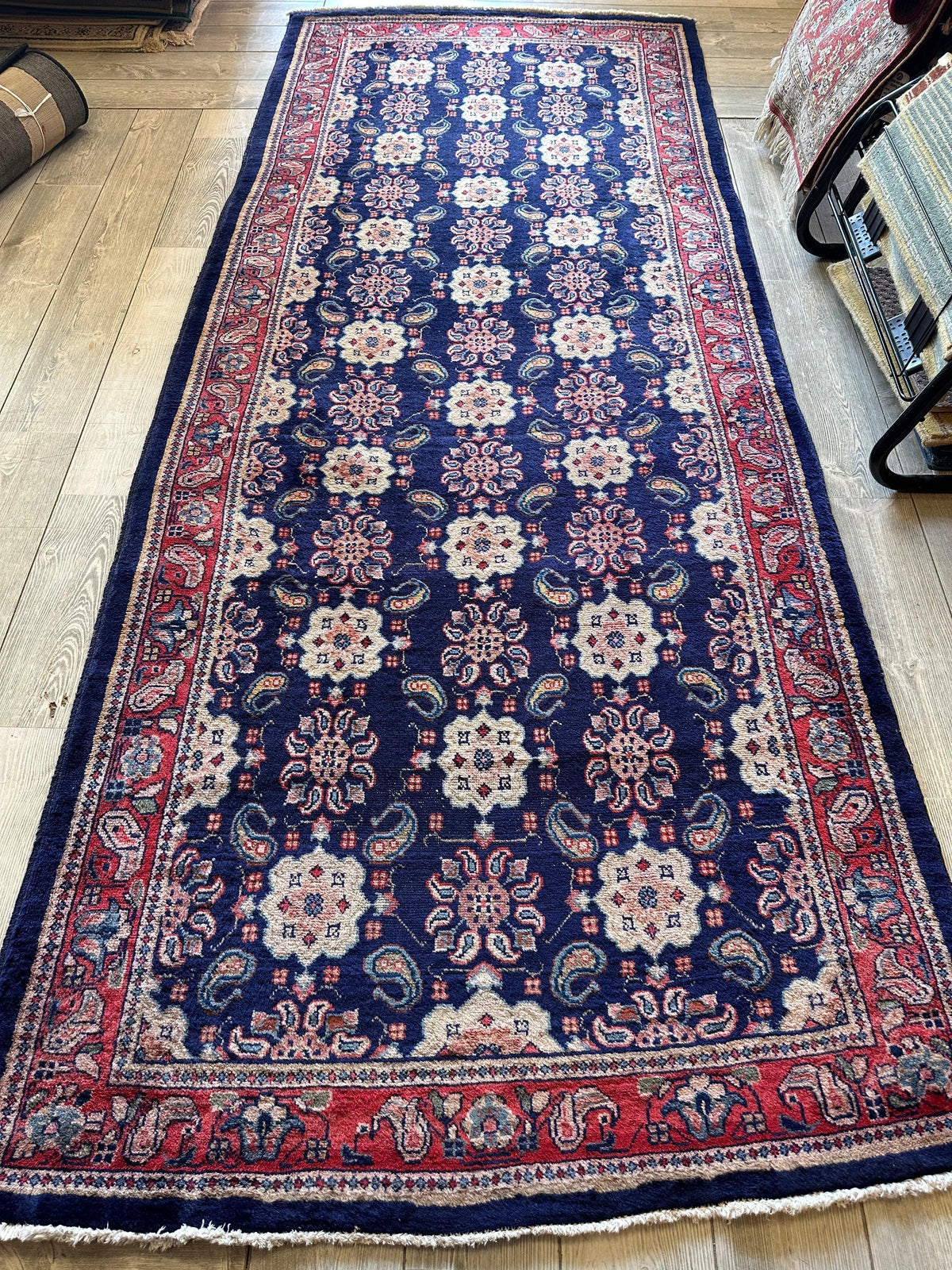 Antique Persian Veramin Runner 4x10 | Navy, Beige & Red | Hand-Knotted Wool - Rugistan, view 5
