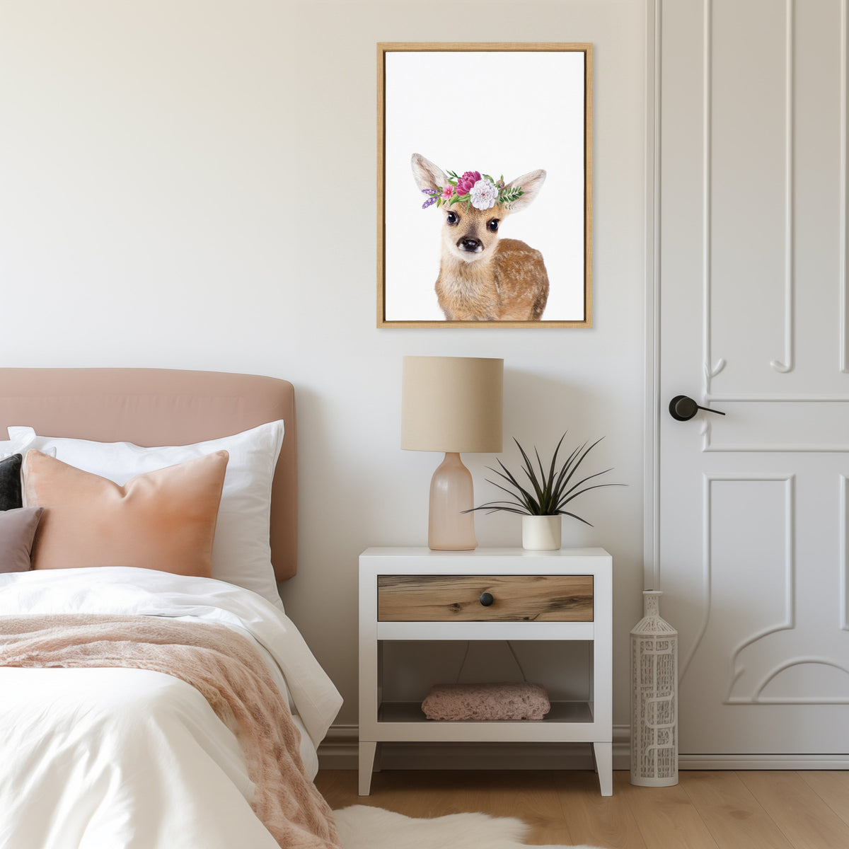 Sylvie Flower Crown Fawn Framed Canvas by Amy Peterson Art Studio
