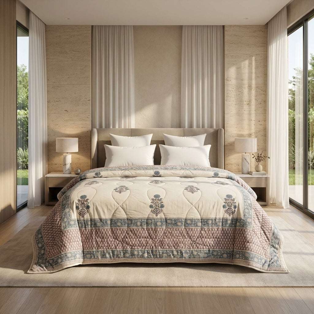 Cream & Slate Blue Floral Jaipur Indian Hand Block Print Quilted Comforter — House of Avana, view 1 of 5