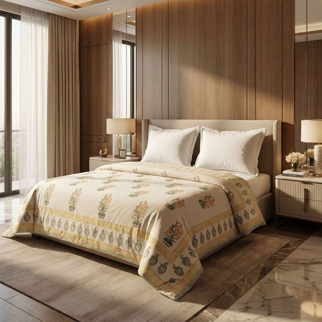 Cream & Golden Yellow Floral Jaipur Indian Hand Block Print Quilted Comforter — House of Avana, view 1 of 5