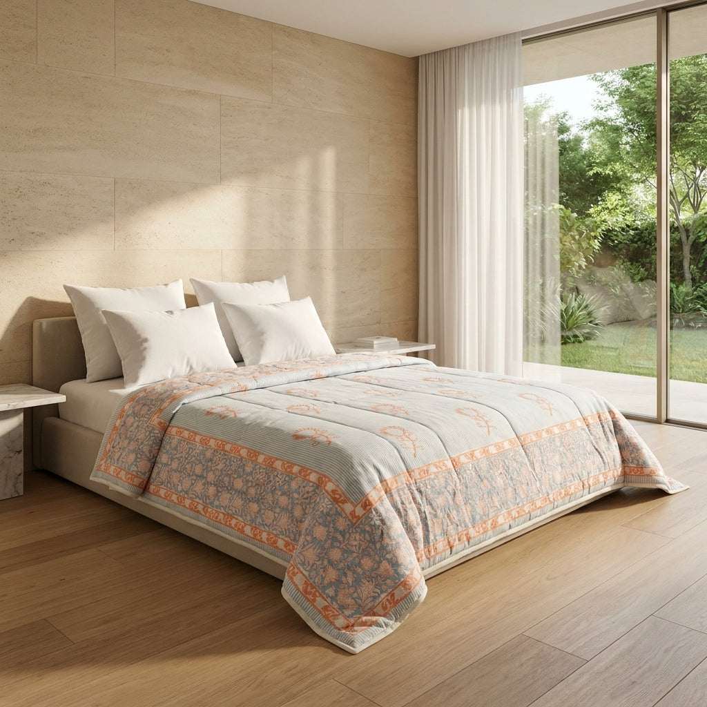 Cream & Golden Yellow Olive Floral Jaipur Indian Hand Block Print Quilted Comforter — House of Avana, view 1 of 5