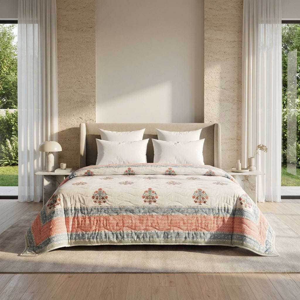Cream & Dusty Blue Mauve Floral Jaipur Indian Hand Block Print Quilted Comforter — House of Avana, view 1 of 5