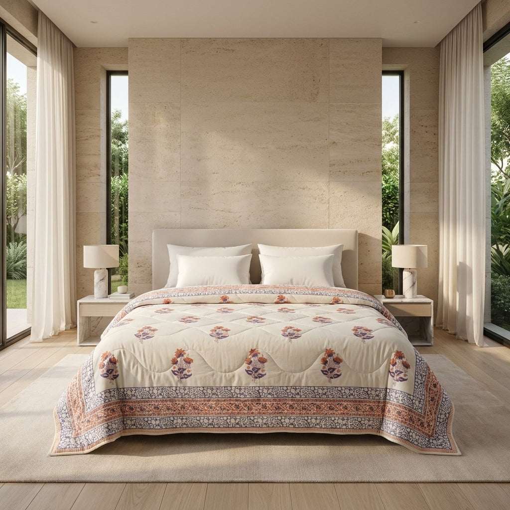 Lavender Grey & Cream Floral Jaipur Indian Hand Block Print Quilted Comforter — House of Avana, view 1 of 4