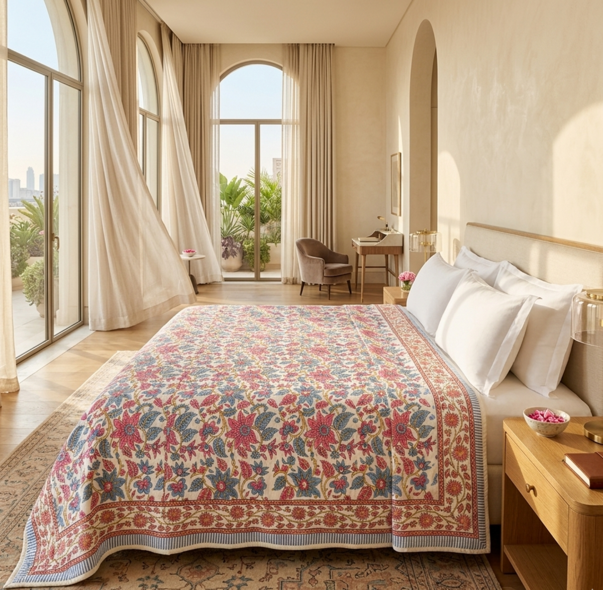 Rose Pink Dusty Blue Jaipur Floral Hand Block Print Comforter