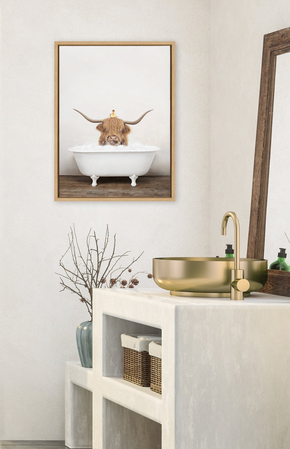 Sylvie Highland Cow and Duckling in Rustic Bath Framed Canvas by Amy Peterson Art Studio
