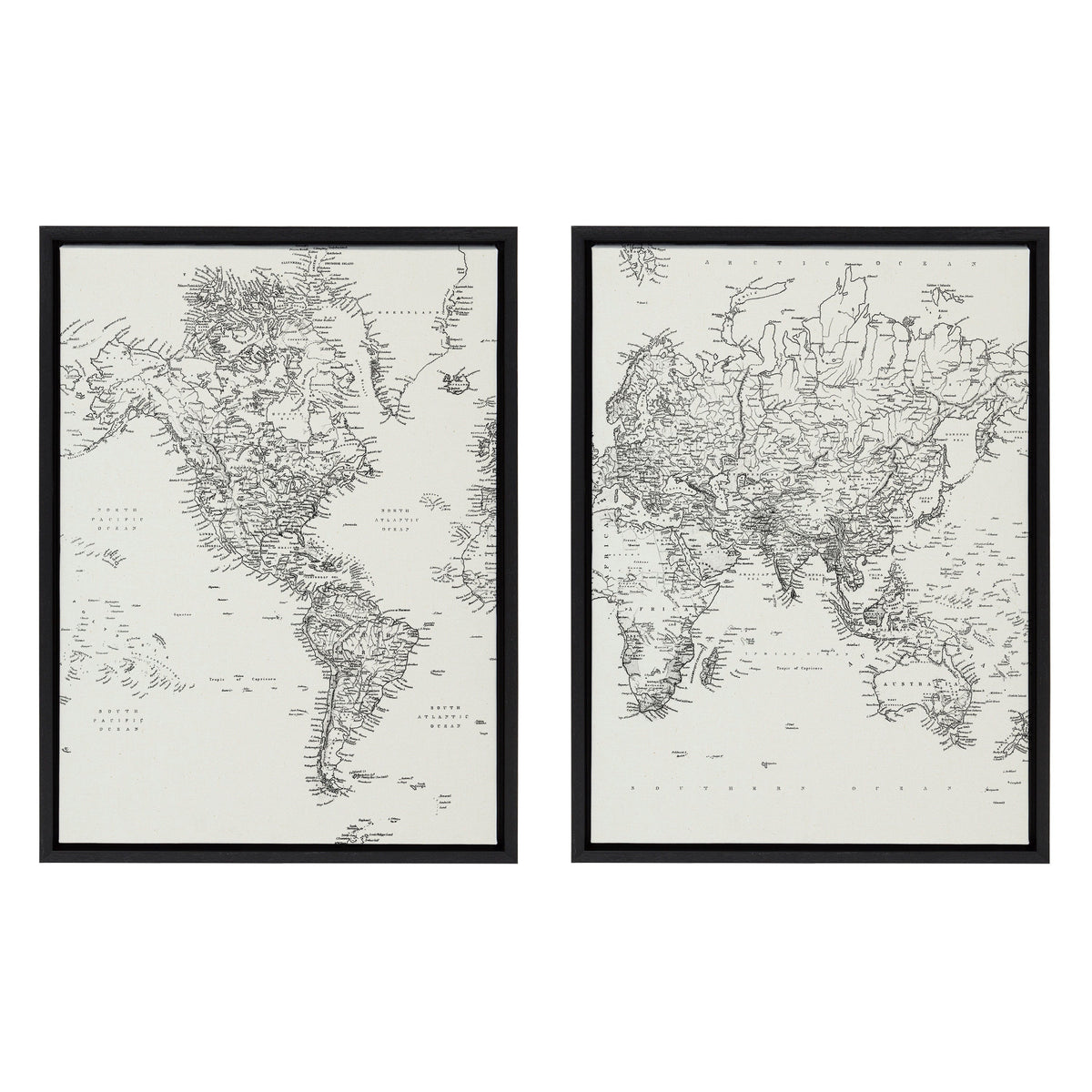 Sylvie Vintage Black and White World Map Framed Canvas Set by The Creative Bunch Studio