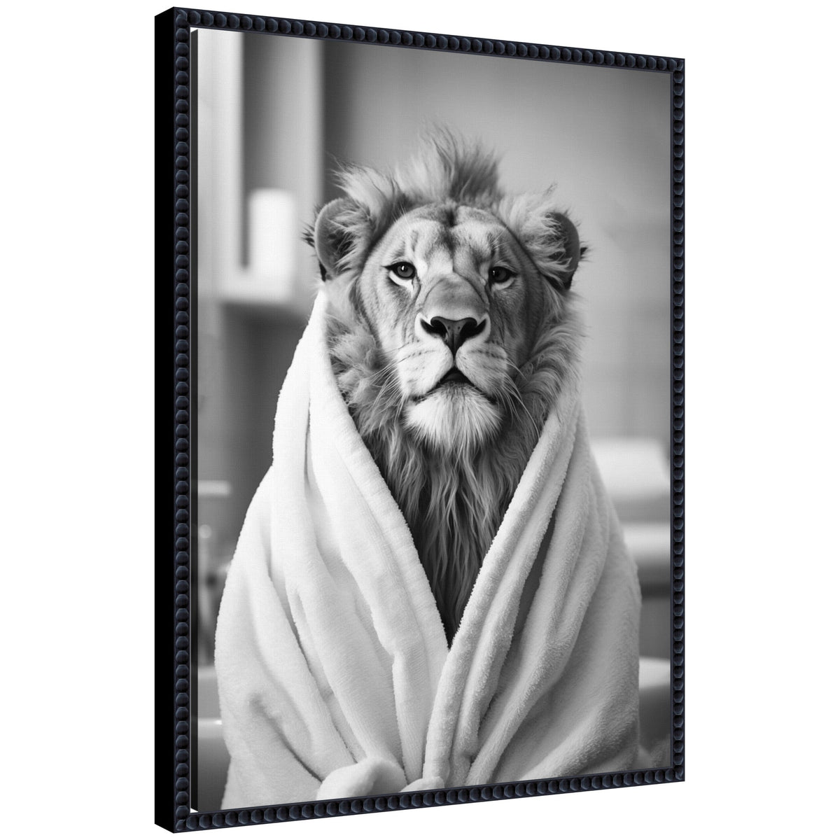 Sylvie Lion Bathroom Art Towel Robe Black and White Framed Canvas by The Creative Bunch Studio