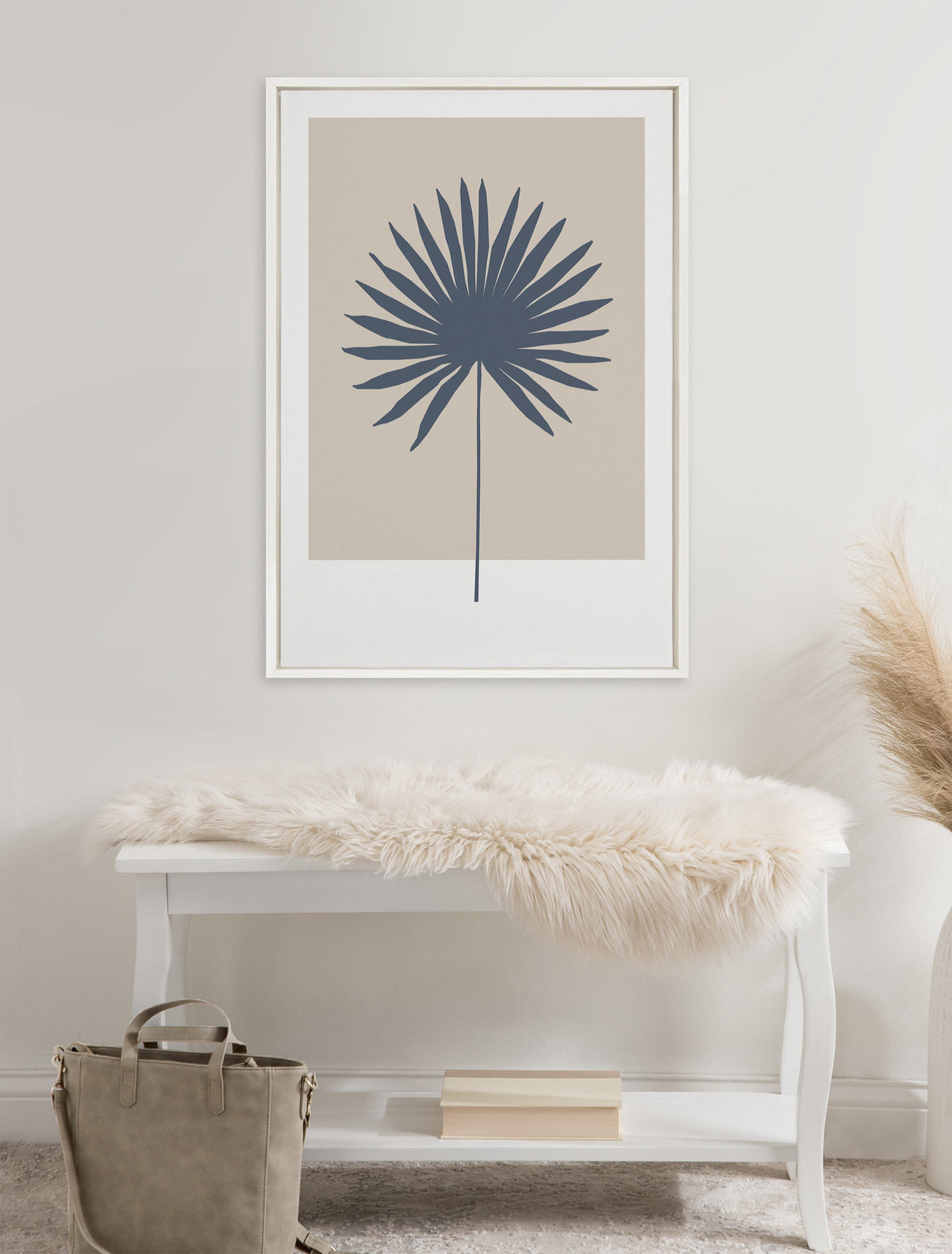 Sylvie Muted Tan and Blue Colorblock Botanical Palm Framed Canvas by The Creative Bunch Studio