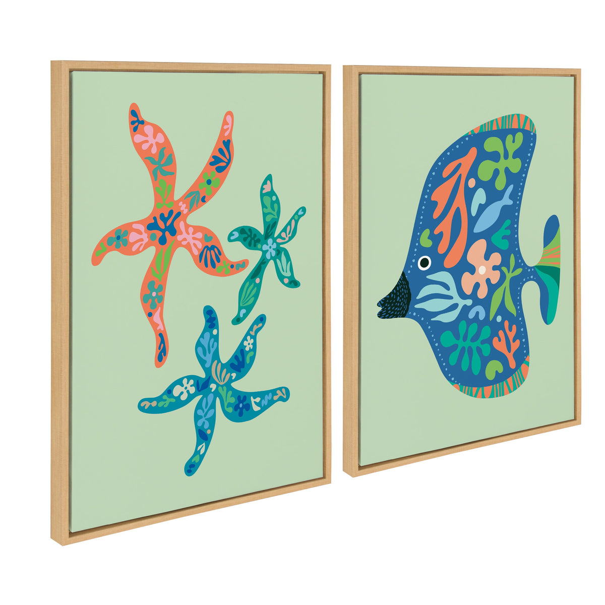 Sylvie Modern Colorful Starfish and Modern Colorful Tropical Fish Framed Canvas Art Set by Rachel Lee