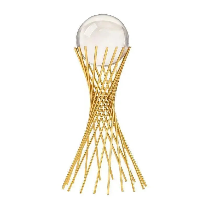 Geometric Crystal Ball Statue with Gold Twisted Rods for Your Desk