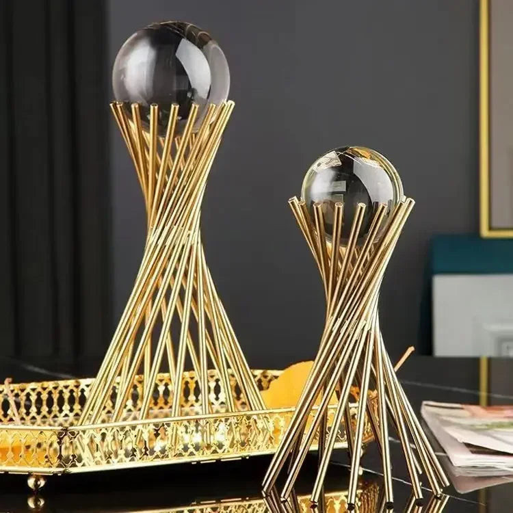 Geometric Crystal Ball Statue with Gold Twisted Rods for Your Desk