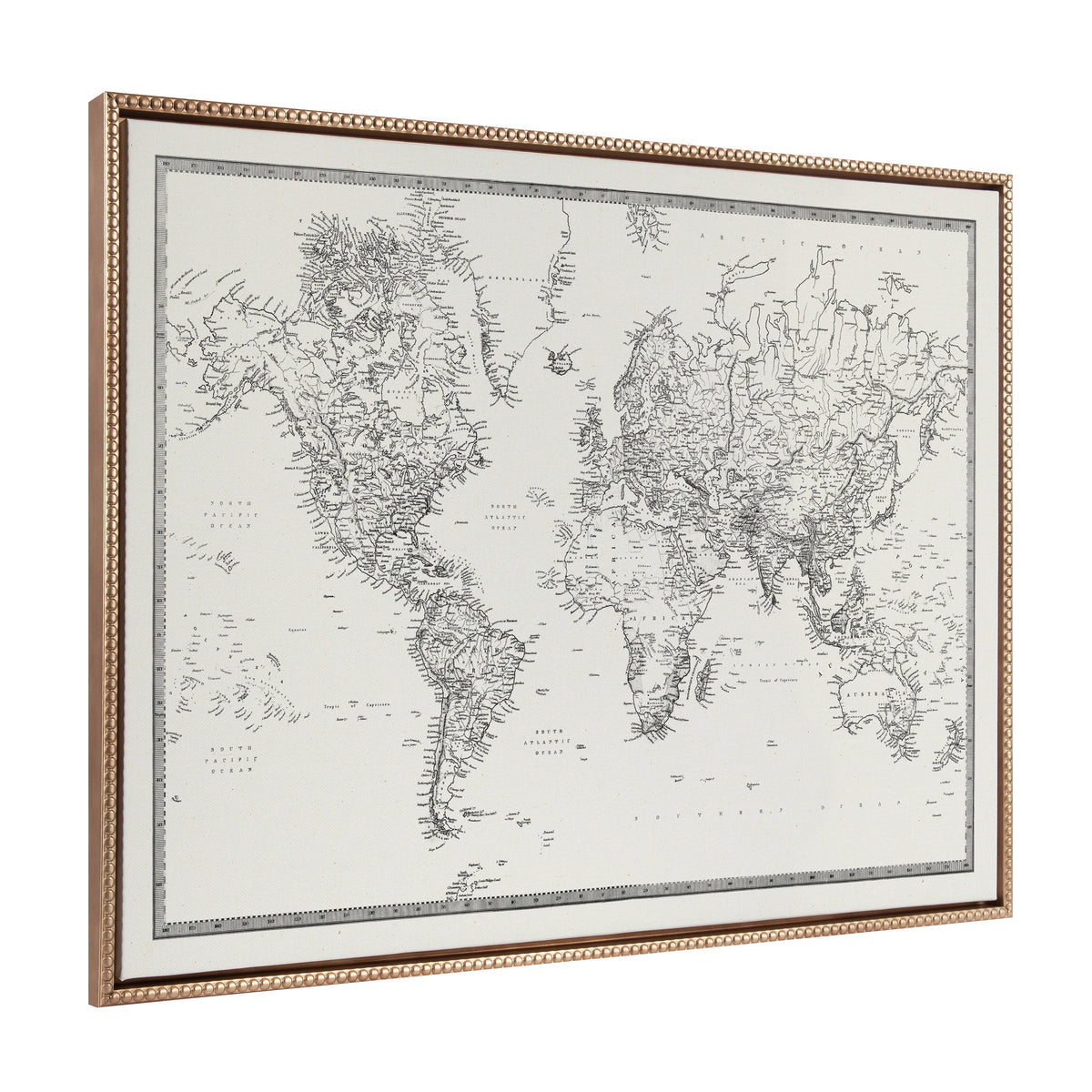 Sylvie Beaded Vintage Black and White World Map Framed Canvas by The Creative Bunch Studio