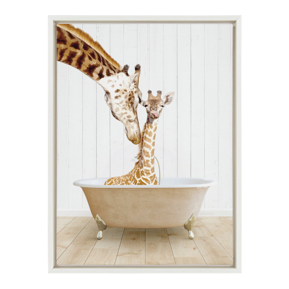 Sylvie Mother and Baby Giraffe Farmhouse Bath Framed Canvas by Amy Peterson Art Studio