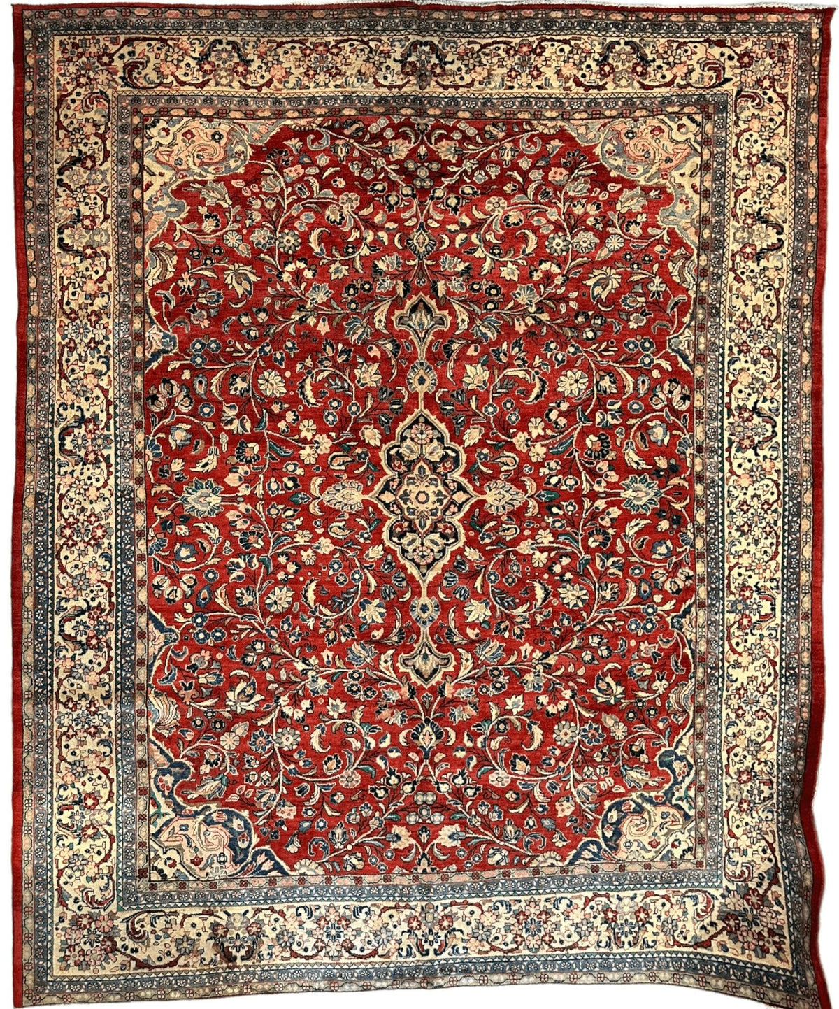Vintage Persian Mahal Rug 10x13 | Red, Ivory & Navy | Hand-Knotted Wool - Rugistan
