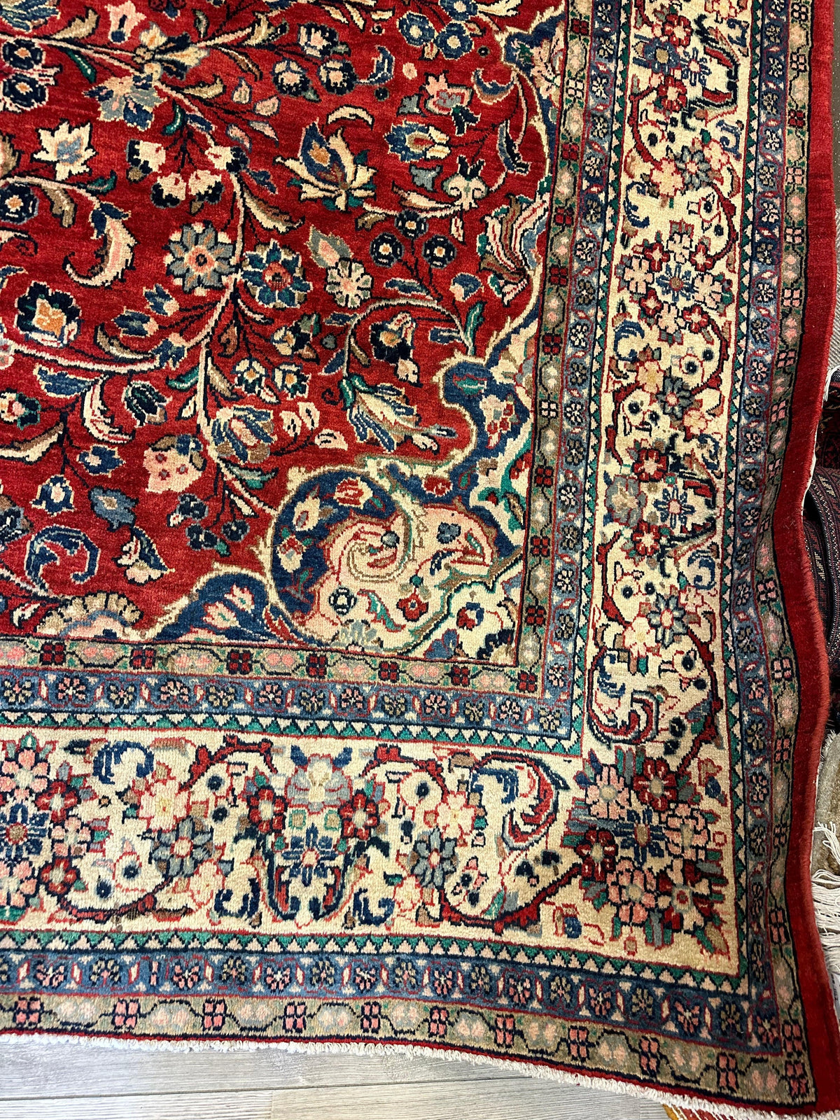 Vintage Persian Mahal Rug 10x13 | Red, Ivory & Navy | Hand-Knotted Wool - Rugistan, view 7