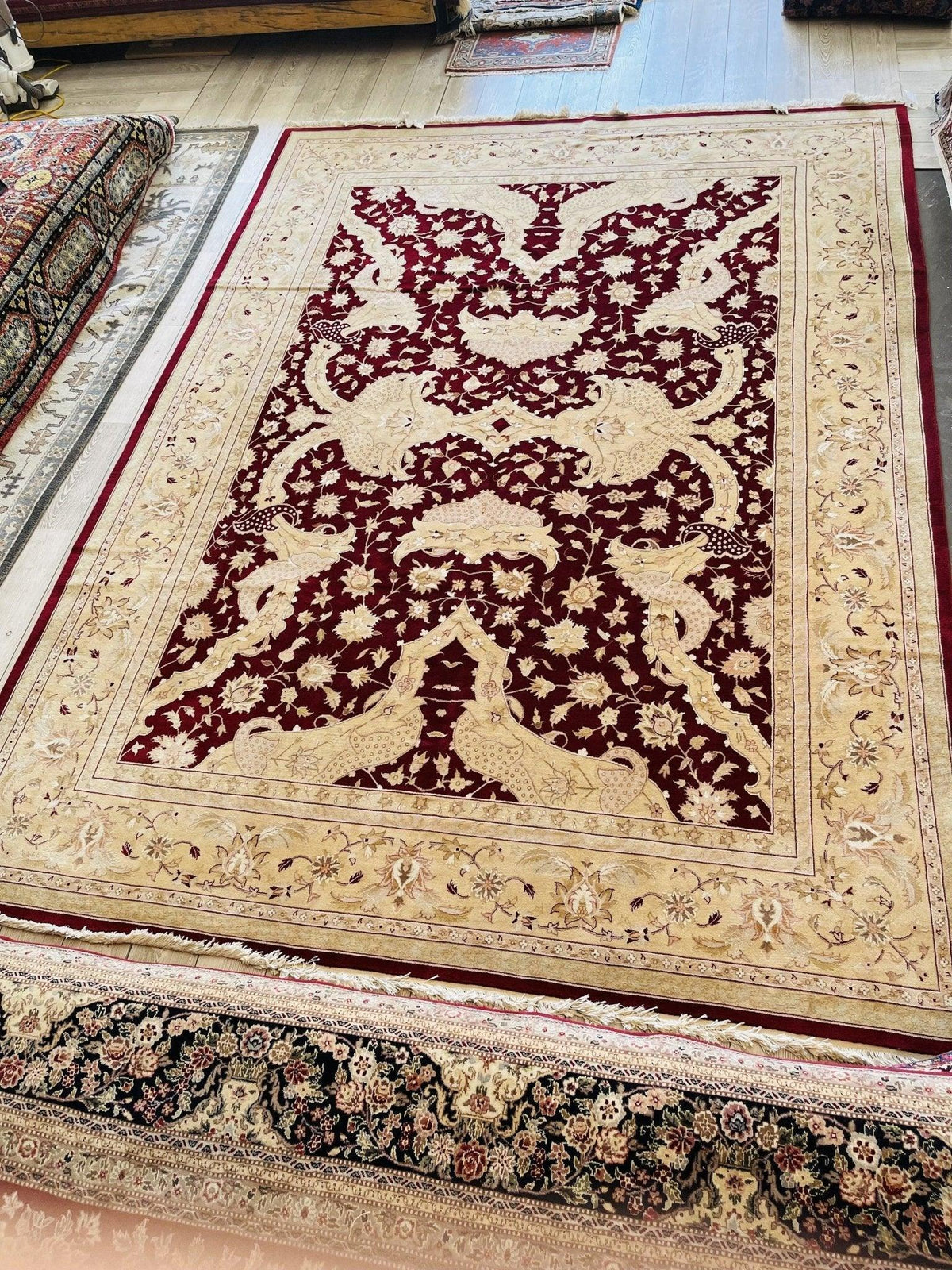 Pakistani Chobi Rug 9x12 | Burgundy, Beige & Ivory | Hand-Knotted Wool - Rugistan, view 7