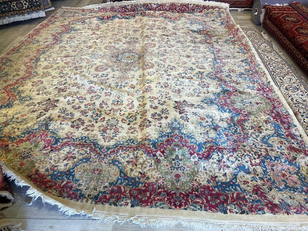Antique Persian Kerman Rug 10x13 | Ivory, Pink & Red | Hand-Knotted Wool - Rugistan