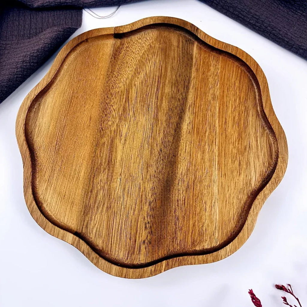Plum Blossom Acacia Wood Serving Tray for Kitchen and Home Hosting
