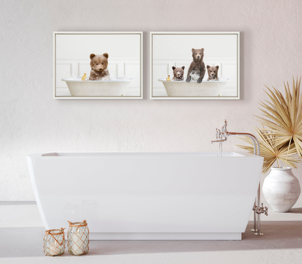 Sylvie Three bears In Bubble Bath Neutral Style Framed Canvas by Amy Peterson Art Studio