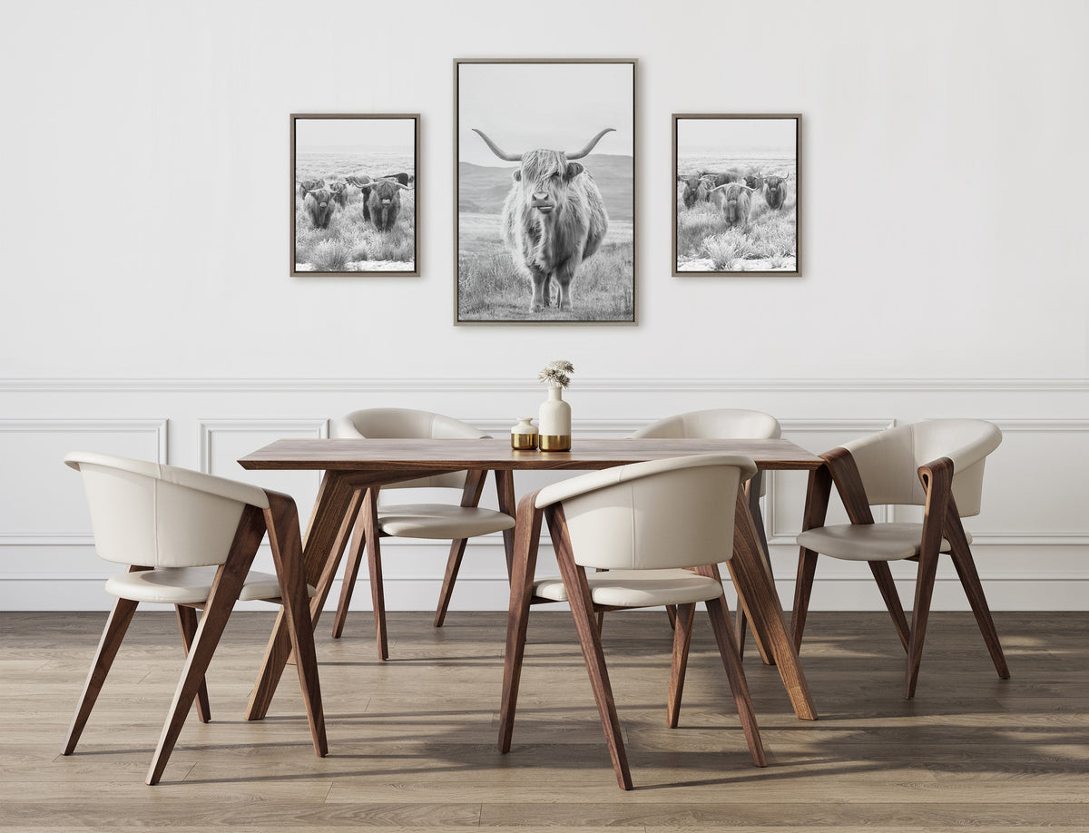 Sylvie Herd of Highland Cows BW Left and Right and Highland Cow Mountain Landscape Black and White Framed Canvas Art Set by The Creative Bunch Studio