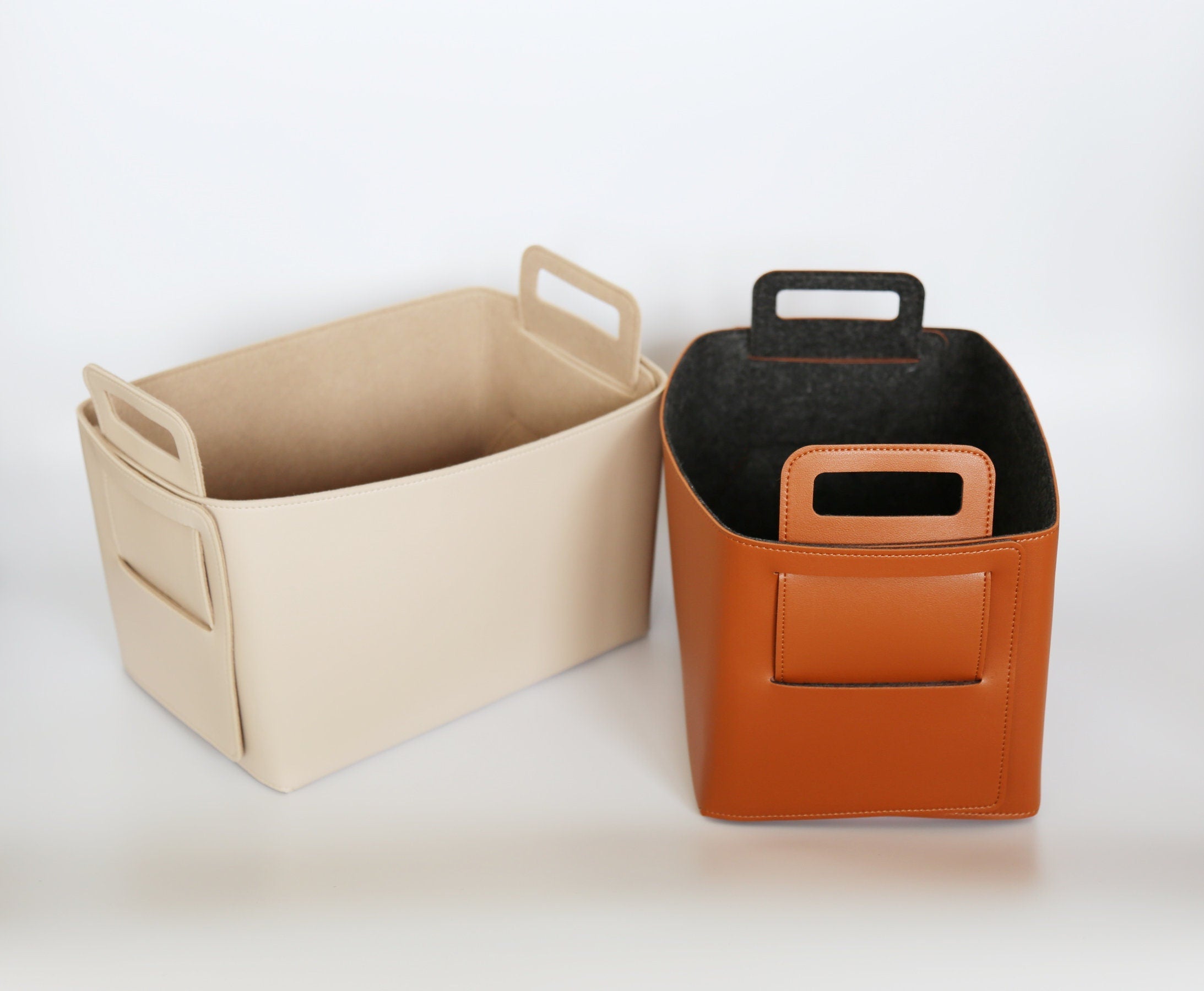 Set of 2 Leather Brown Foldable Storage Basket
