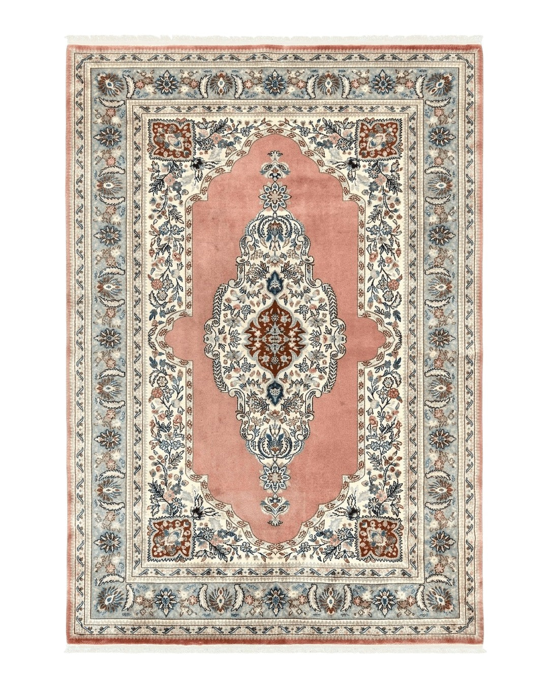 Indo Persian Rug 6x9, Semi Open Field Medallion Rug, Vintage Hand Knotted Wool Oriental Carpet, Traditional Rug, Light Pink, Medium Size - Jewel Rugs