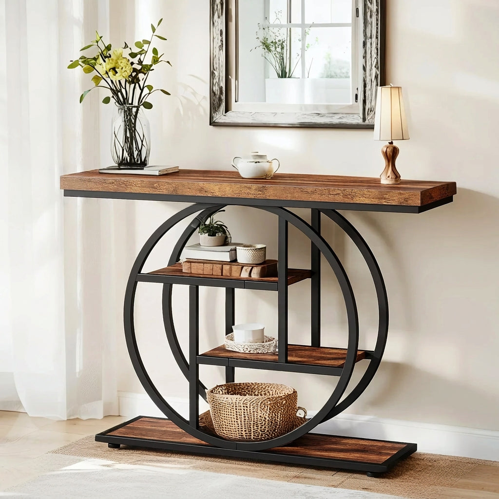 Industrial Console Table with 4-Tier Shelves and Round Base
