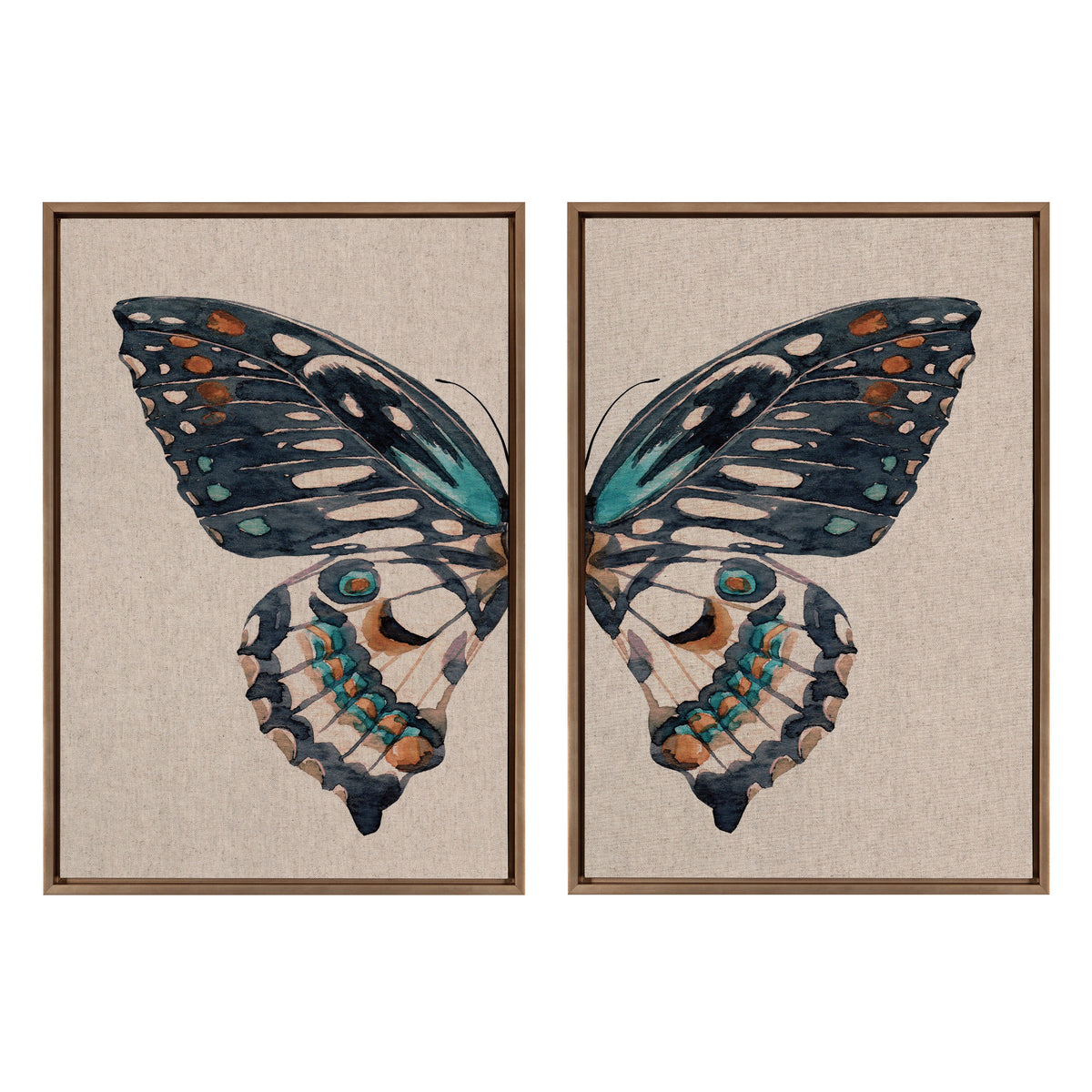Sylvie Boho Butterfly Watercolor Diptych Neutral Linen Framed Canvas Art Set by The Creative Bunch Studio