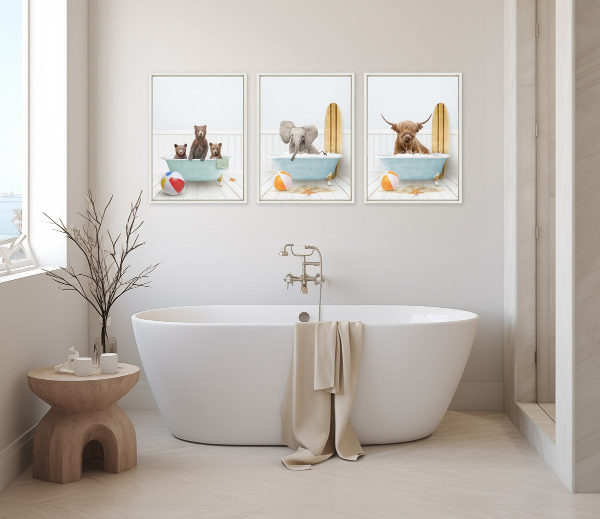 Sylvie Highland Cow Beach House Bath with Surfboard Framed Canvas by Amy Peterson